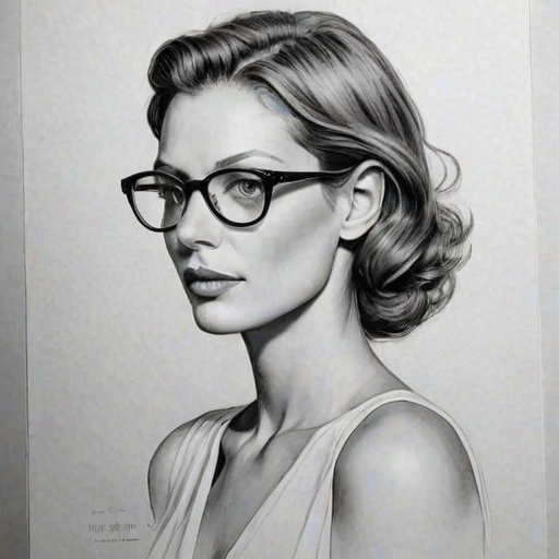 Magnificent Daria Werbowy, pencil sketch, portrait of Elegant woman 1930s in glasses, hair style beatnik, outline, clear lines, fine lines, 8k
