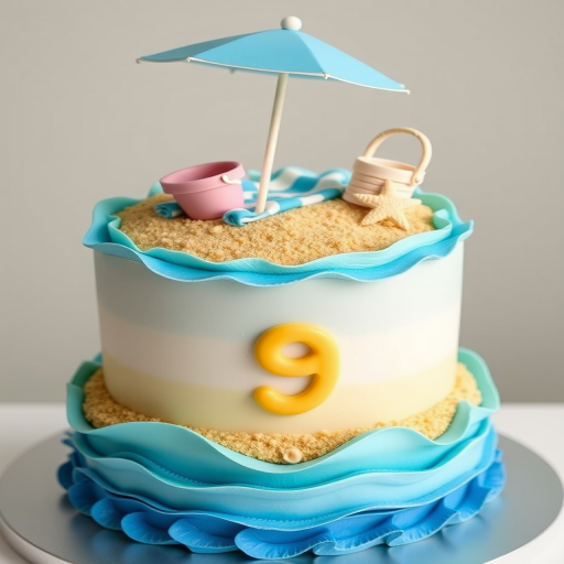Create an image of a beach-themed cake with layers of blue frosting resembling ocean waves a sandy beach on top decorated with a small umbrella beach towel and a bucket add a starfish decoration and a number nine on the cake