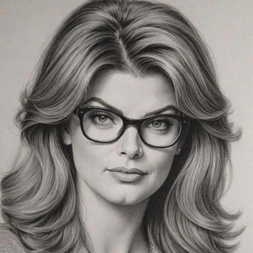 Charming Kirstie Alley, pencil sketch, portrait of Pleasing woman 1964s in glasses, hair style beatnik, outline, clear lines, fine lines, 8k
