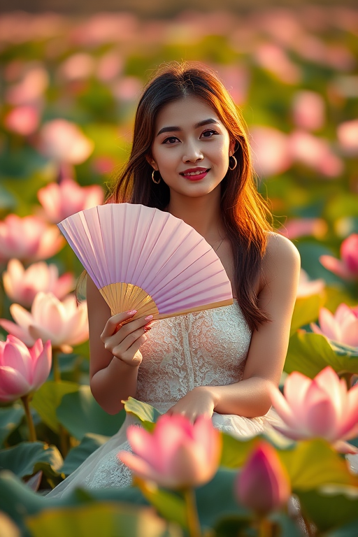 Regenerate the image of a young woman holding a fan while sitting in a lush lotus field, using a DSLR camera with a 50mm lens, aperture set to f/1.8 for shallow depth of field, ISO 200, and natural lighting during golden hour for enhanced warmth and clarity.