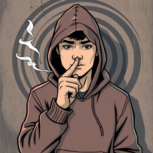 create a stylized illustration of a person in a hoodie making a shushing gesture with their finger to their lips, smoke curling from a subtle visual cue, set against a grungy wall with a spiral pattern in the background, use a Canon EOS R5 camera, 50mm lens, aperture f/1.8, ISO 100, and a soft focus effect to enhance image quality and depth.