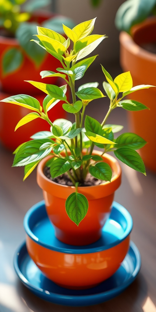 Create a vibrant digital illustration of a potted plant with lush green leaves in an orange pot on a blue saucer, captured from a low angle with a depth of field effect, using a high-resolution DSLR camera with a 50mm lens, f/1.8 aperture, and ISO 100 to enhance clarity and color saturation.
