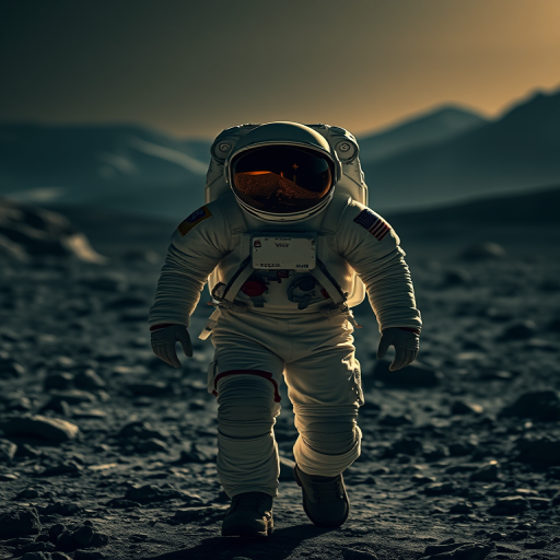 Astro-navigator exploring a lunar landscape, dramatic lighting illuminating the astronaut's suit, detailed mountains in the background, high-resolution photography, settings: ISO 100, f/8, 1/250s, wide-angle lens, DSLR camera, soft focus on distant structures for depth.