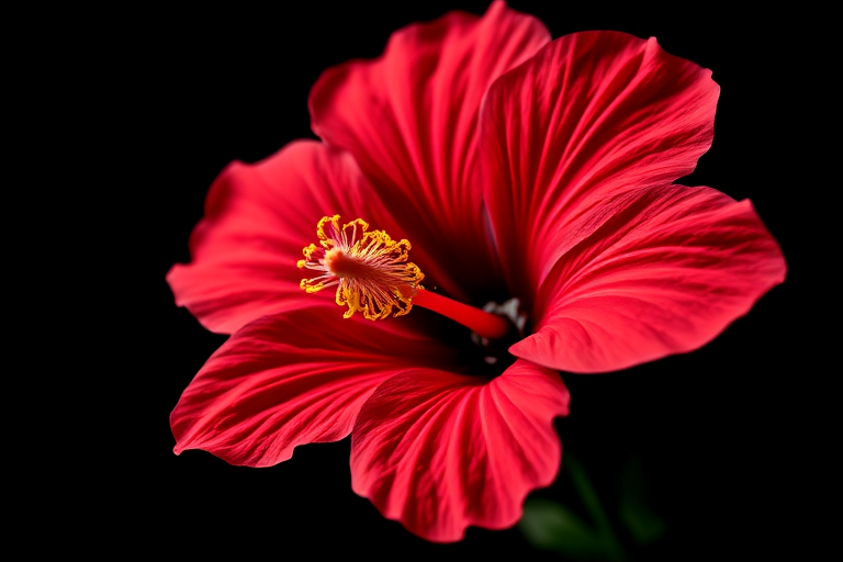 Capture a close-up of a vibrant red hibiscus flower against a black background, using a macro lens, f/2.8 aperture, 1/200 sec shutter speed, ISO 100, and soft natural lighting for enhanced detail and color saturation.
