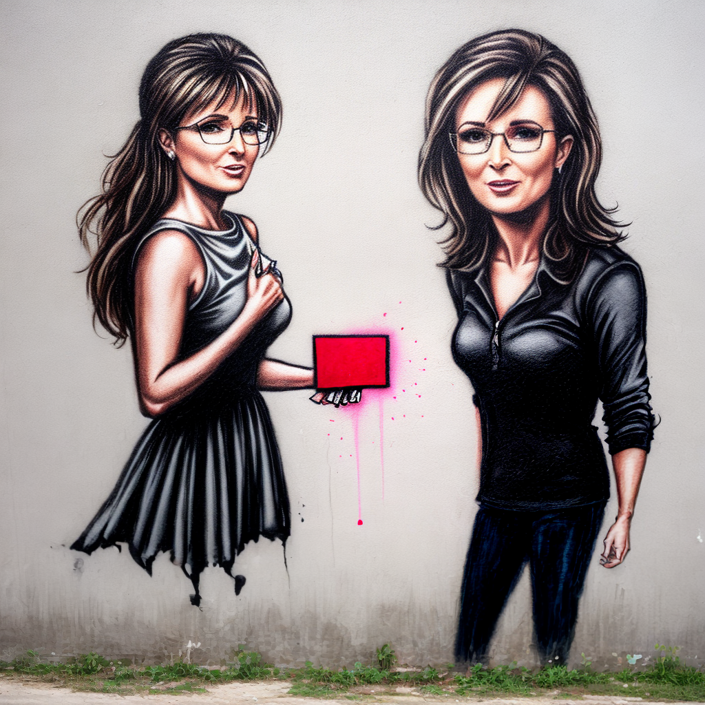 sarah palin in biccini on grafitti sprayed wall banksy style