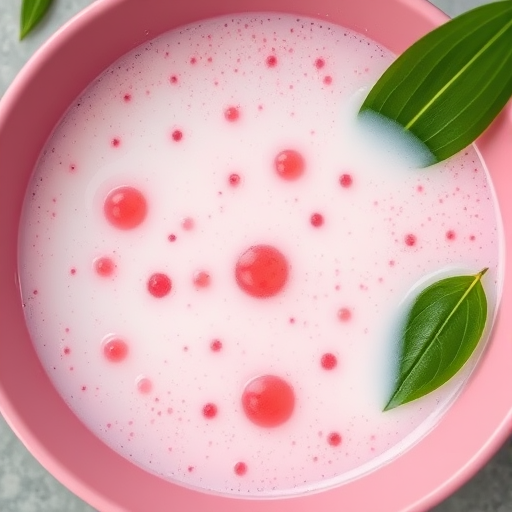 Capture an overhead shot of a pink bowl filled with translucent red bubbles in coconut milk, garnished with pandan leaves, natural light, aperture f/2.8, shutter speed 1/125, ISO 100, macro lens, DSLR camera.