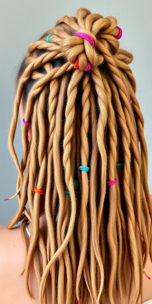 Bohemian-inspired dirty blonde dreadlocks adorned with colorful threads and beads, styled in a half-up bun for a free-spirited and artistic look