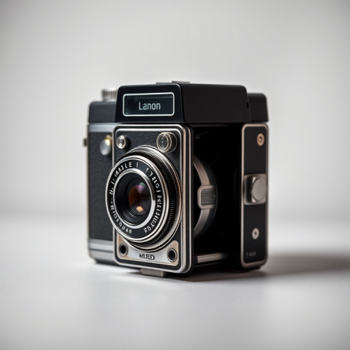 professional studio shot of a vintage folding camera with a silver and black design, soft diffused lighting, high contrast, shallow depth of field, camera settings at f/2.8, ISO 100, shutter speed 1/60s, taken with a DSLR camera using a 50mm lens