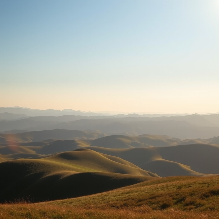 Create a high-resolution image of a serene landscape with rolling hills under a clear blue sky during golden hour, using a Canon EOS R5, 24mm lens, aperture f/8, ISO 100, shutter speed 1/200s, in landscape orientation.