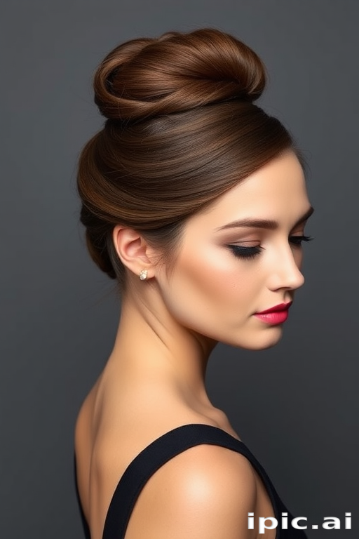 Elegant hair style exhibiting a smooth high ballet bun with a deep side part in a rich espresso brown shade