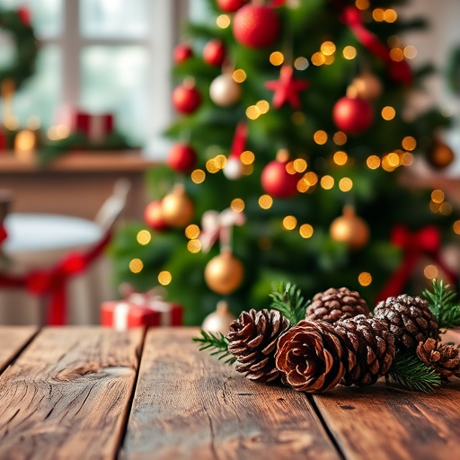 Create an image of a rustic wooden table with a blurred Christmas tree in the background adorned with red and green decorations and twinkling lights the foreground should feature pine cones and holiday ornaments in a cozy festive atmosphere