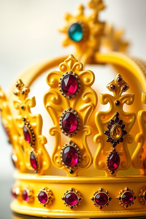 Create a detailed and vibrant image of a yellow crown with ornate designs, focusing on the intricate patterns and gemstones, using a DSLR camera with a 50mm lens, aperture set to f/1.8, ISO 100, in a soft natural light setting, capturing a frontal view with a shallow depth of field to enhance detail and clarity.