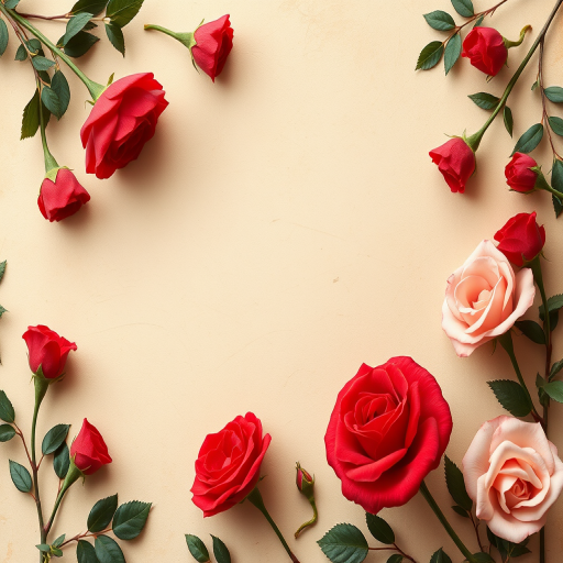 generate a vintage-style background with soft beige texture and floral borders featuring red and pink roses, shot with a DSLR camera at f/2.8, 35mm lens, 1/125 sec exposure, natural light, top-down view for enhanced detail and clarity