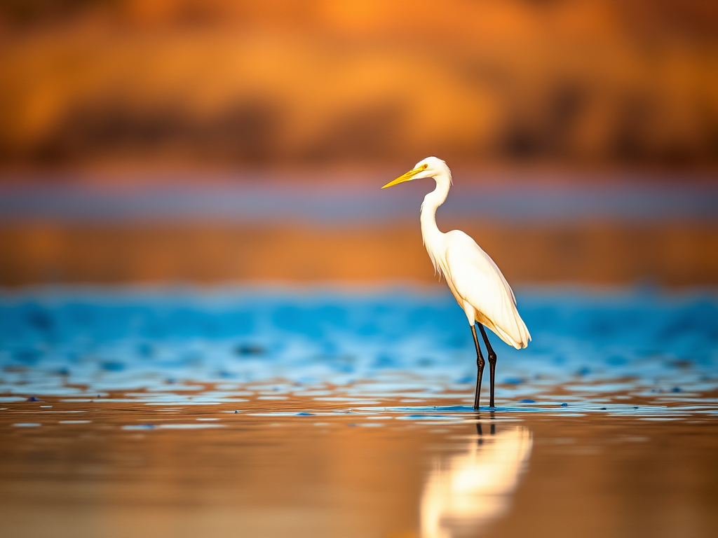 A solitary white heron standing gracefully in calm waters during golden hour, with soft reflections and a blurred background, photographed with a DSLR camera, 85mm lens, f/2.8 aperture, ISO 200, and a shutter speed of 1/500 seconds for high image quality.