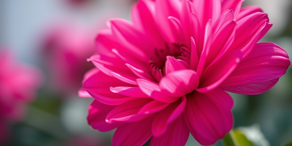 close-up shot of a vibrant pink flower with intricate petal details, natural lighting, 85mm lens, f/2.8 aperture, ISO 100, shallow depth of field, DSLR camera, soft focus background