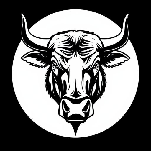 Create a detailed and bold illustration of a bull's head in a minimalist style, focusing on sharp lines and high contrast, using a Canon EOS R5 with a 50mm f/1.2 lens, shooting at f/4, ISO 100, and a low-angle perspective to emphasize the strength of the bull.