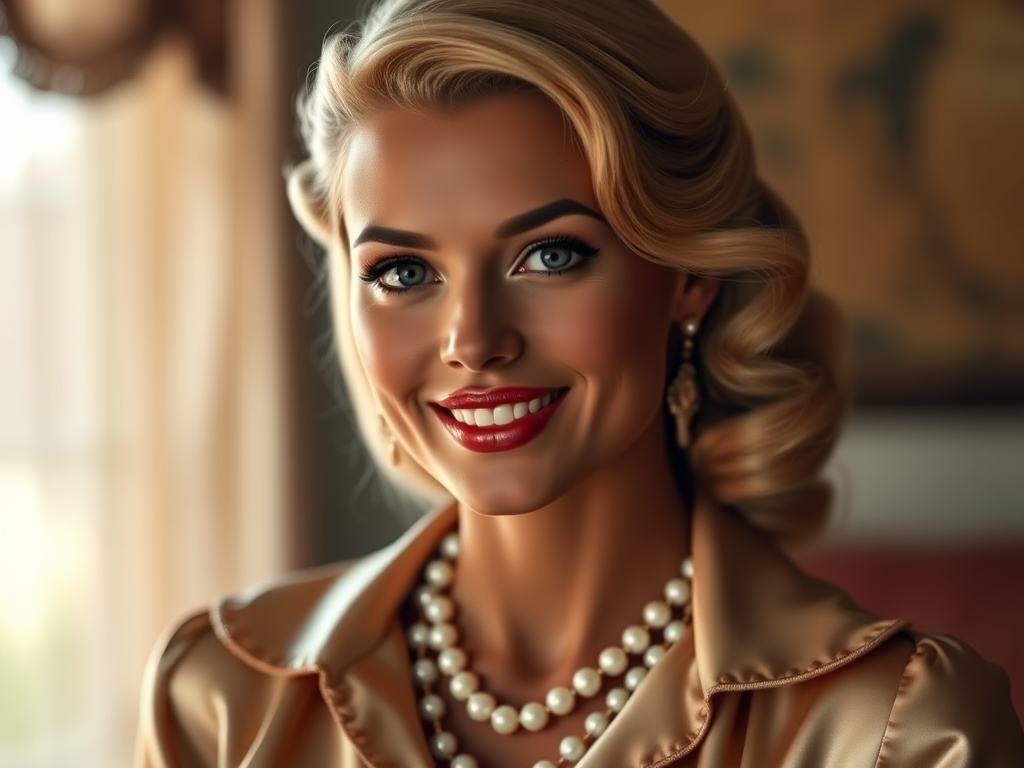 A beautiful Inca woman reminiscent of 1950s Hollywood glamour, with perfectly styled blonde hair and a seductive smile, dressed in a satin blouse and adorned with pearls, soft and warm tones, photorealistic, 8K