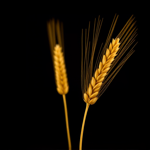 Create an image of two stylized wheat stalks with golden leaves against a black background, using a macro lens with a shallow depth of field, aperture set to f/2.8, ISO 100, shot from a slightly elevated angle to focus on the details of the leaves and create a soft bokeh effect.