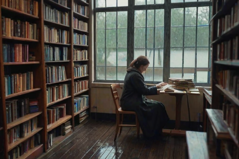 Quiet bookshop on a rainy afternoon, with tall shelves packed with old books, a woman sits at a small table by the window, reading intently as the rain taps against the glass.