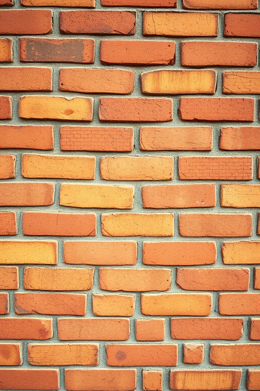 a close-up photograph of a textured brick wall with varying shades of orange, red, and yellow bricks, taken with a DSLR camera at ISO 100, aperture f/8, shutter speed 1/125s, shot from a straight-on perspective with soft natural lighting to enhance the vivid colors and details of the bricks