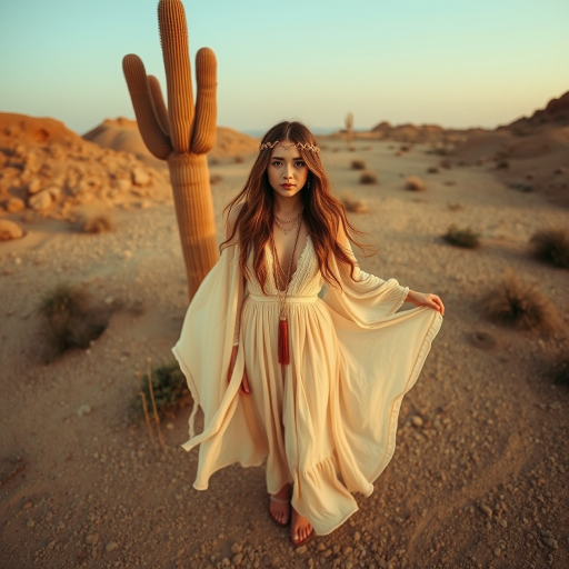 Desert setting, bohemian model, flowy dresses, earthy tones, rustic sunset effect,  equipped with a 12mm lens to capture an overhead view of the model, emphasizing symmetry and spatial positioning