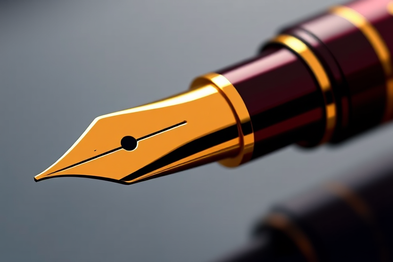 create a digital illustration of a fountain pen with a maroon barrel and gold accents, capturing the pen in a close-up view to highlight its shine and details, using a high-resolution setting of 300 DPI, aperture set to f/2.8 for a shallow depth of field, and a focus on the nib to enhance clarity, produced with a DSLR camera.
