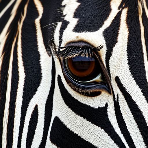 Close-up of a zebra’s face, focusing on its eye. The zebra’s distinctive black and white stripes are prominent, with its large brown eye showing detailed lashes and a slight reflection. The texture of the zebra’s skin and fur is visible, creating a sharp contrast between the dark and light stripes.