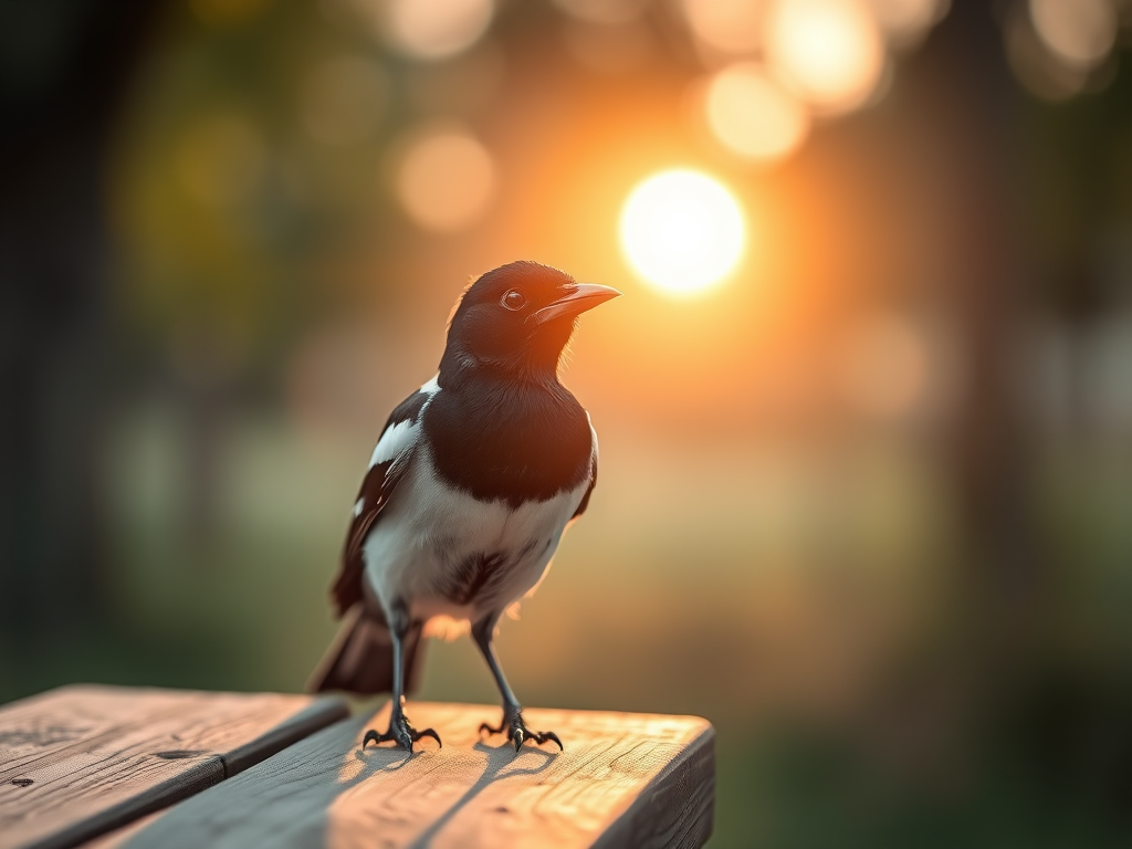 capture a close-up of a magpie perched on a wooden table in natural light at sunrise, use a shallow depth of field with a blurred background, set aperture to f/2.8, shutter speed 1/500s, ISO 200, shot with a DSLR camera in landscape orientation for enhanced detail and clarity