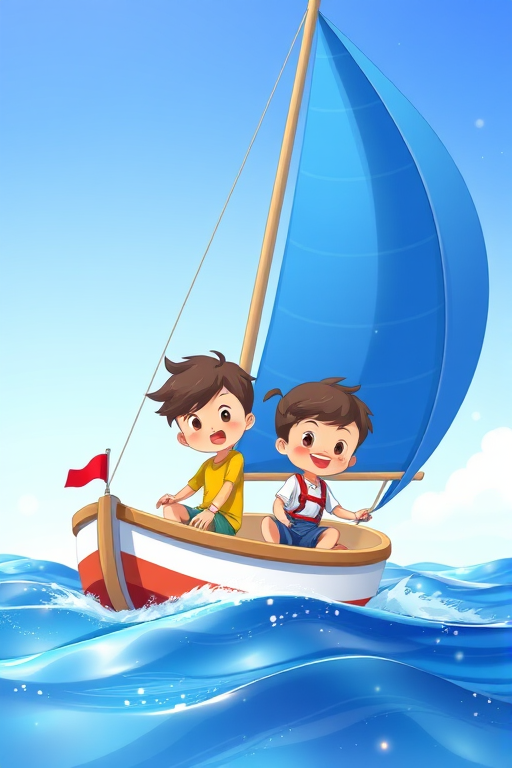 Create a high-resolution illustration of two cartoon children sailing on a small boat with a large blue sail, vibrant colors with a clear blue sky and waves, captured from a slightly low angle to emphasize the sail, using a digital art style, with a focus on vibrant colors and smooth lines.