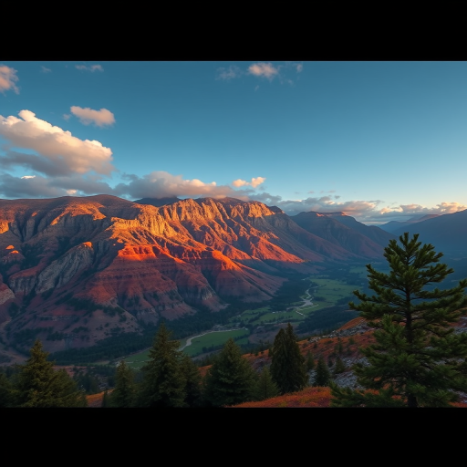 Create a high-resolution image of a scenic landscape with vibrant colors, using a Canon EOS R5 camera with a 24-70mm lens, aperture f/8, ISO 100, and a wide-angle view to capture the full expanse of the scene.