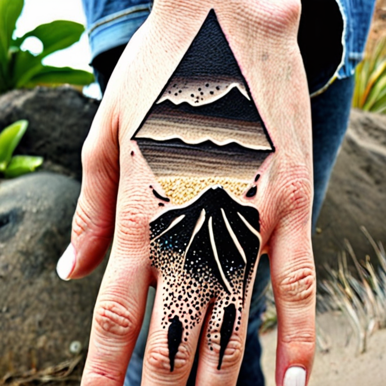 Black and White tattoo of a long island with a sand volcano