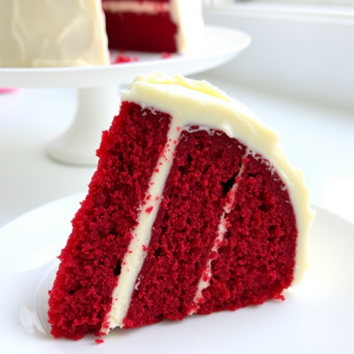 A slice of red velvet cake with cream cheese frosting on a white plate showing layers of red cake and white frosting in a bright and inviting setting with a whole cake in the background.