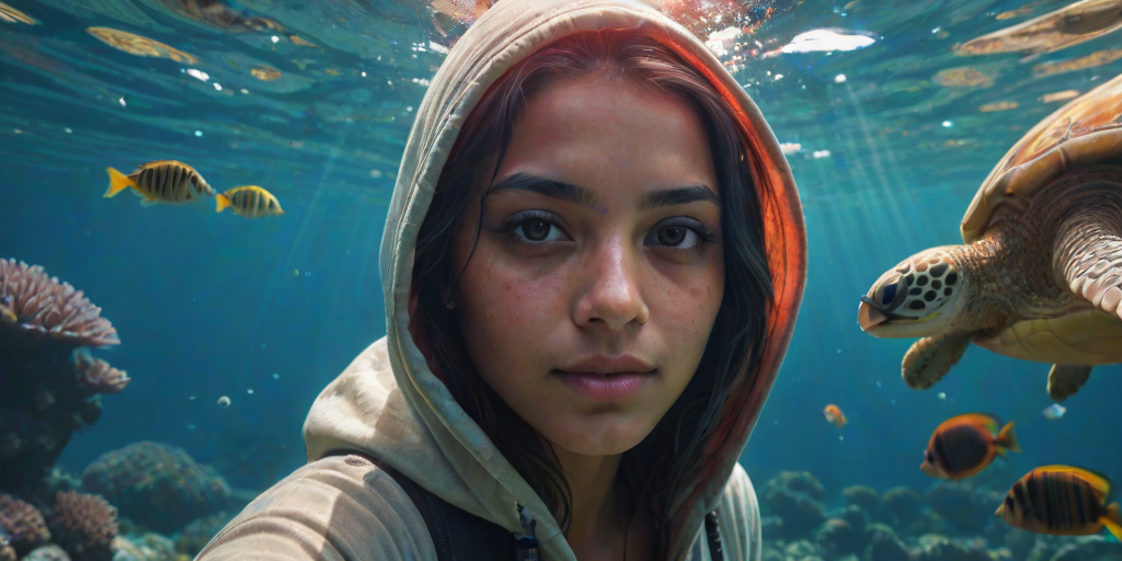 Realistic selfie image of a Nepali, wearing a vintage outfit, detailed dreamy eyes, droopy hooded eyes, staring at the camera, taken underwater at coral reef with a sunbeam filtering through the water, vibrant, summer vacation, natural lighting, turtle and school of tropical fish with vibrant colors, rendered in the style of CryEngine, Pegi Nicol MacLeod, with realistic genre scenes, hauntingly beautiful narratives, ultra-realism, and Thomas Saliot's close-up technique, 8K resolution, crystal clear and sparkling water.