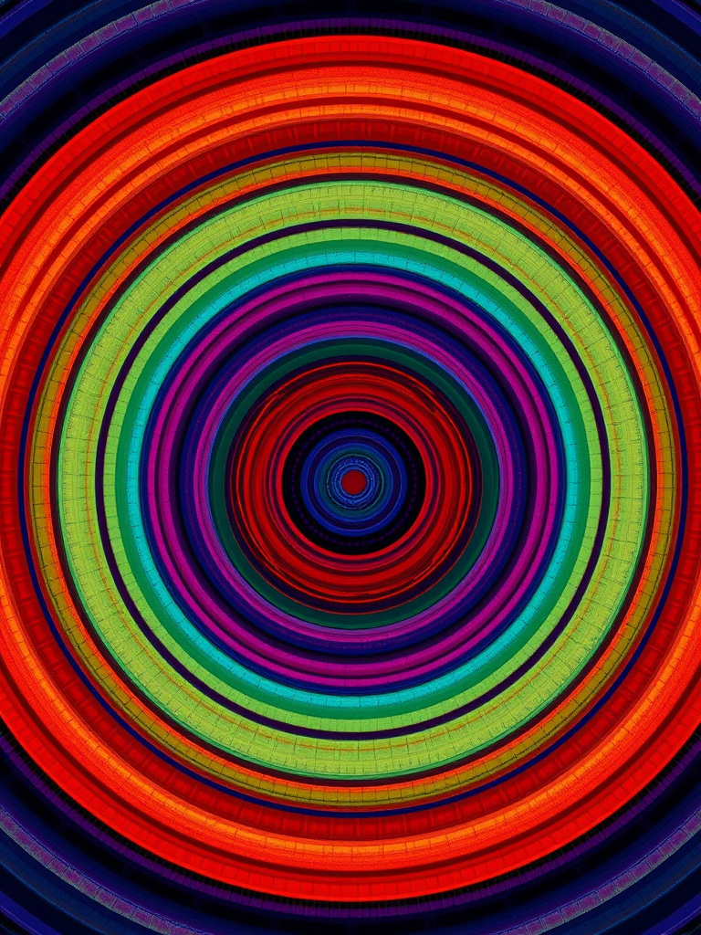Create a vibrant circular pattern with concentric lines in various colors, using a high-resolution digital camera, f/8 aperture, 1/60 shutter speed, ISO 100, wide-angle lens at 24mm, top-down view, high dynamic range for enhanced color saturation and detail.