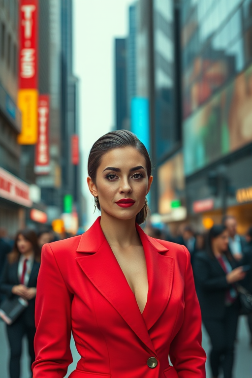 Regenerate a vibrant urban scene featuring a confident woman in a striking red suit, surrounded by busy professionals in a modern financial district with neon advertisements, using a 50mm lens at f/1.8, ISO 100, with soft lighting and a shallow depth of field to highlight the subject in sharp detail against a blurred background.