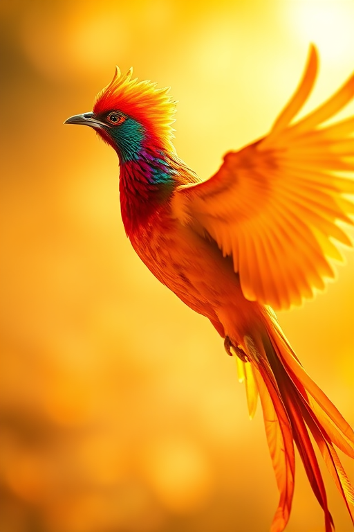 A vibrant, colorful phoenix with iridescent feathers soaring through a warm golden haze, captured with a DSLR camera, 50mm lens, f/1.8 aperture, ISO 200, and a shallow depth of field for a bokeh effect.
