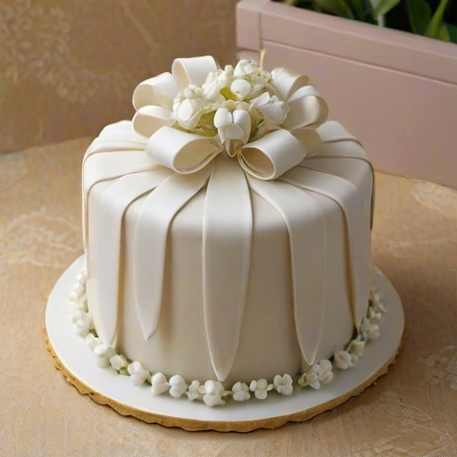 Create an image of a beautifully designed cake that resembles a gift box. The cake should be covered in smooth white fondant, featuring a large ribbon and bow made from the same material. On top, there should be delicate white flowers, possibly lily of the valley, arranged elegantly. The cake should be displayed on a simple white cake stand against a dark, ornate background.