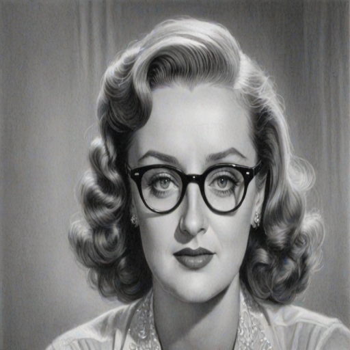 Charming Bette Davis, pencil sketch, portrait of Enchanting woman 1941s in glasses, hair style beatnik, outline, clear lines, fine lines, 8k