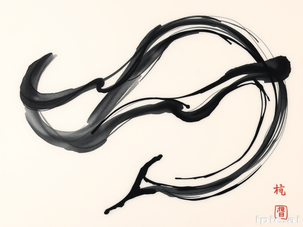 Brush stroke tattoo called "Zen Calligraphy" featuring fluid, expressive lines resembling traditional Japanese sumi-e paintings, with varying ink densities and organic shapes creating a sense of movement and balance