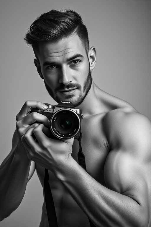 Capture a high-contrast black and white image of a man posing with a camera, using a 50mm lens at f/1.8, ISO 100, shutter speed 1/125s, with a soft light source to accentuate the muscle definition and facial features, in a close-up portrait style with a simple, neutral background.