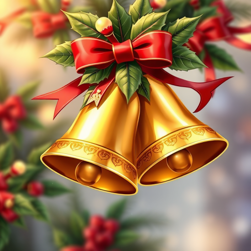 Create a vibrant, high-resolution illustration of two gold bells adorned with red ribbons and holly leaves, focus on bright colors and festive details, shot with a Canon EOS R5 at f/2.8, ISO 100, 50mm lens, in a soft-focus style to enhance depth and warmth.