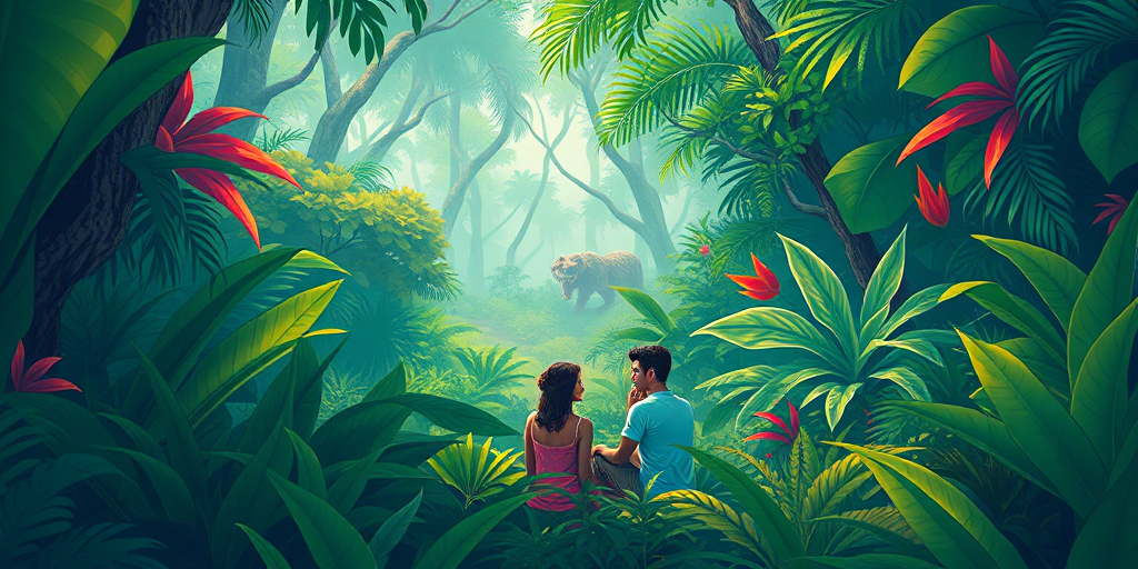 Create a vibrant illustration of a lush jungle scene with a couple sitting in foliage, include a mythical creature peeking through the trees in the background, shot with a Canon EOS R5, 24mm lens, aperture at f/8, ISO 100, using a wide-angle perspective for depth, in high resolution.