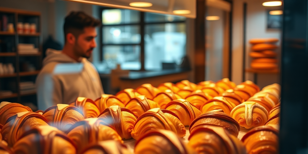 Warmly lit image of a bakery display case, rows of freshly baked pastries, croissants glistening with butter, soft light reflecting off the glass, the smell of sweet dough and coffee lingering in the air, a customer peering through the glass.