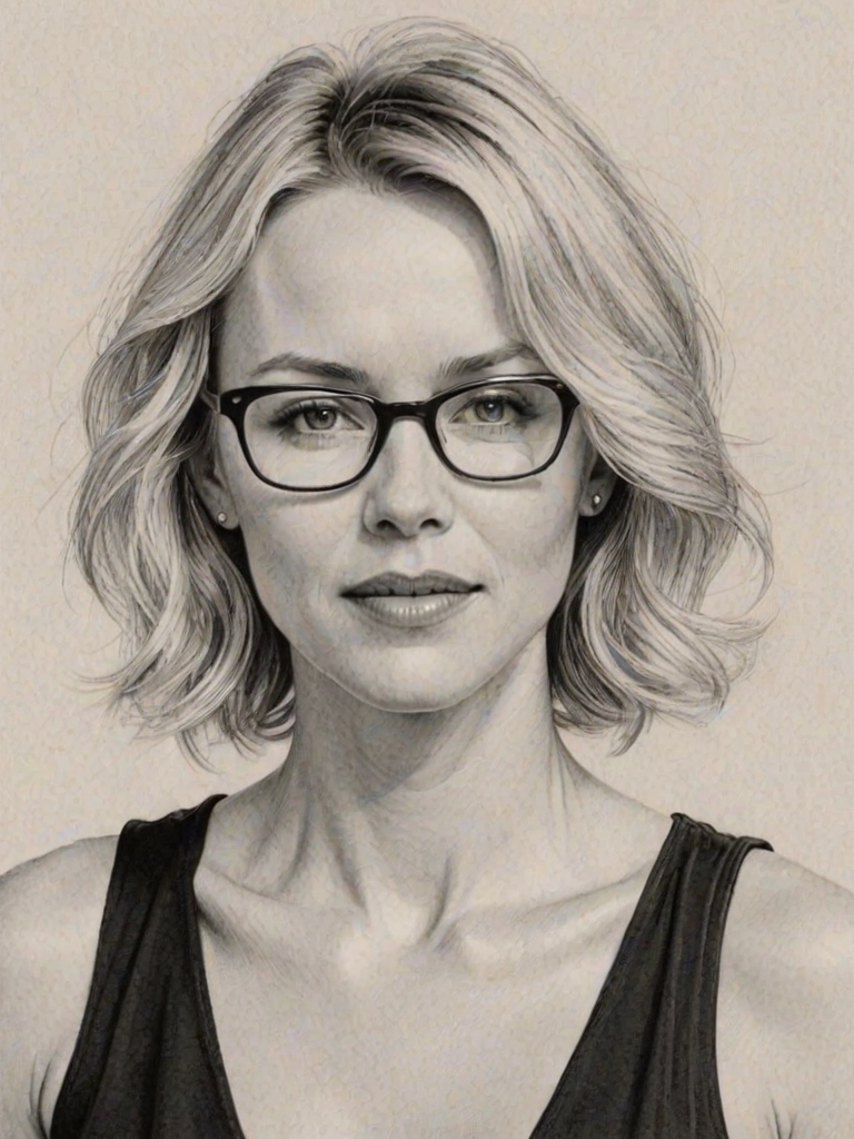 Wonderful Naomi Watts, pencil sketch, portrait of Fetching woman 1979s in glasses, hair style beatnik, outline, clear lines, fine lines, 8k