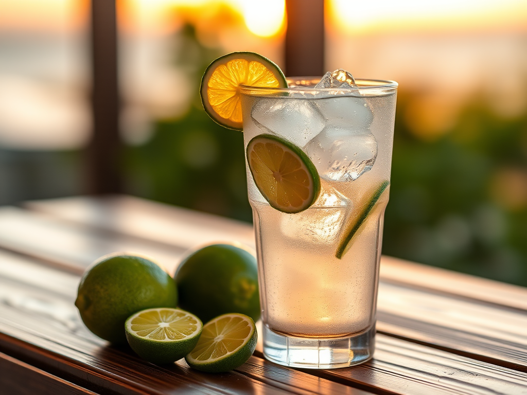 Create a high-resolution image of a refreshing cocktail in a clear glass filled with ice, garnished with lime slices, placed on a wooden surface with fresh limes beside it, captured with a Canon EOS 5D Mark IV, 50mm lens, f/1.8 aperture, ISO 100, natural light at sunset, shallow depth of field for a blurred background.