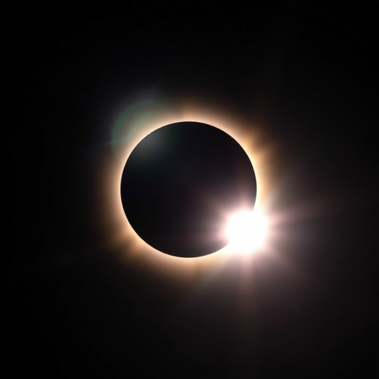 Generate an image of a total solar eclipse with a black circular silhouette of the moon covering the sun, a glowing corona effect in the background, captured with a DSLR camera using a 50mm lens, f/8 aperture, ISO 100, 1/500s shutter speed, in a panoramic view.