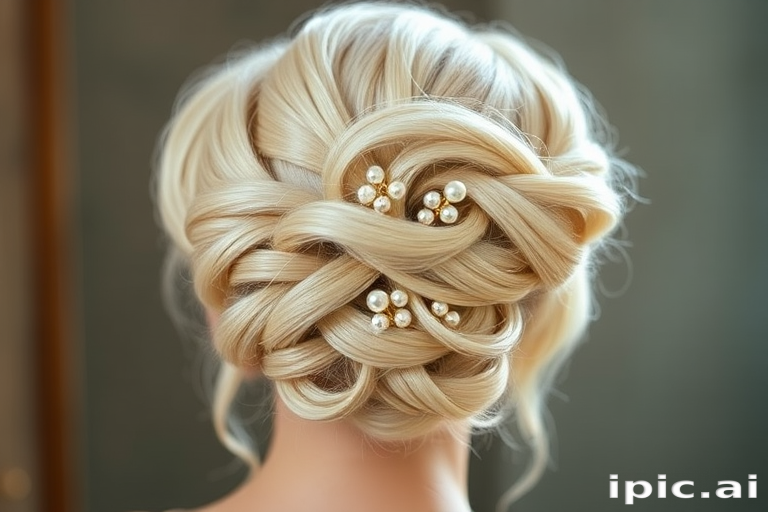 Elegant platinum blonde French twist adorned with delicate pearl pins, exuding sophistication and timeless grace, aptly named "Moonlit Serenade"