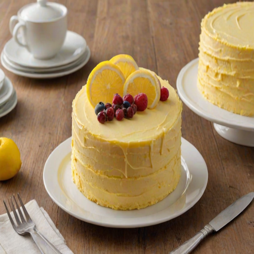 Create an image of a round layered cake with a smooth yellow frosting. The cake should have a slice cut out, revealing the interior layers. The setting should be simple, with a few plates in the background. The overall appearance should be inviting and delicious.
