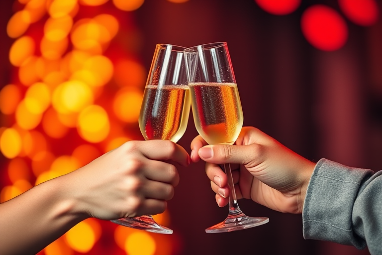 Create an image of two hands clinking champagne glasses against a vibrant bokeh background with warm colors, using a DSLR camera with a 50mm lens, aperture set to f/1.8, ISO 200, and a shallow depth of field for enhanced focus on the glasses.