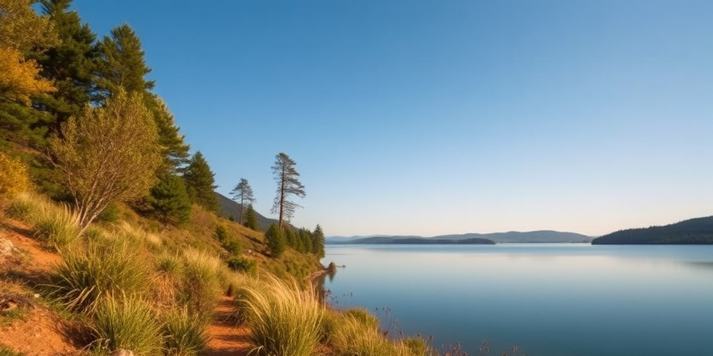 Generate a high-quality image of a serene landscape with a clear blue sky and a tranquil lake, captured with a Canon EOS R5, 50mm lens, aperture f/1.8, ISO 100, shutter speed 1/200s, in landscape orientation for a vibrant and detailed scene.